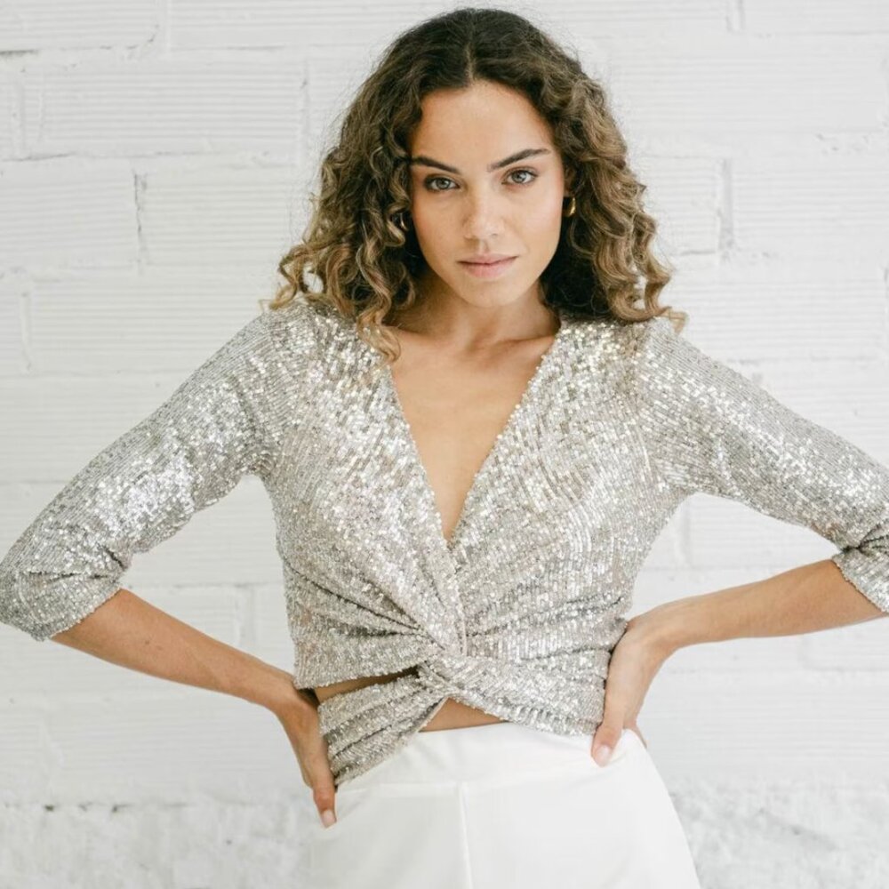 Sequin Long Sleeve Bridal Top, Shimmer Wedding Bolero, Convertible Bridal Topper
